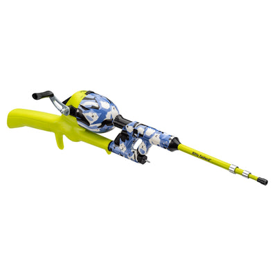 Angled view of Kid Casters Cat Caster Fishing Pole showing lime handle and blue camo reel on white background