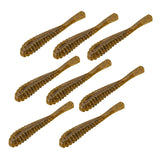 Top view of nine Pipkens' 3.75-inch Drop Shot baits showcasing ribbed body, flat bottom, and paddle tail on white background