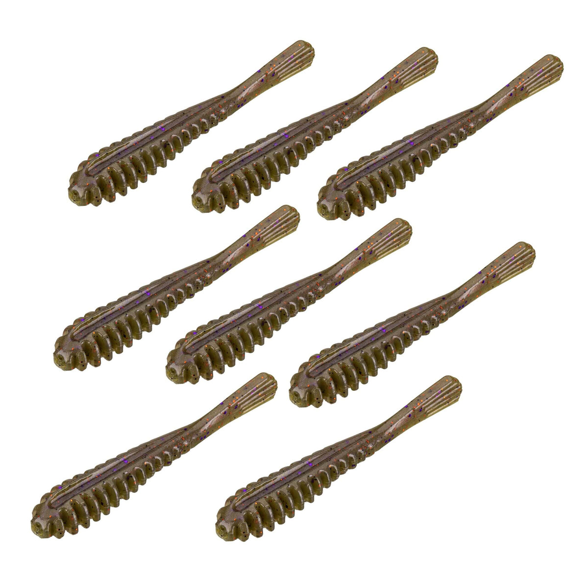Flat lay of Pipkens 3.75-inch Drop Shot baits in Smallmouth Snot showcasing ribbed bodies and vertical tails on white background