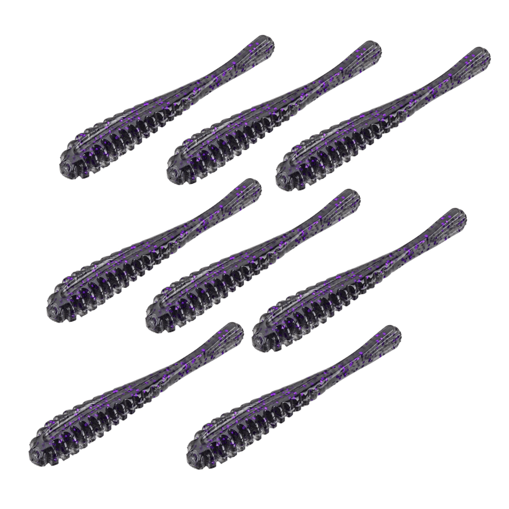 Nine ribbed soft-plastic dropshot baits, translucent gray with purple flakes and slender tails on a white background