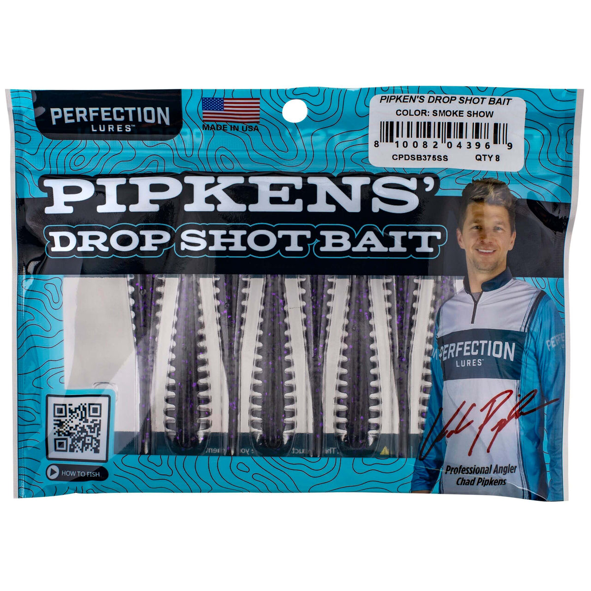Front of pack: Pipkens' Drop Shot Bait, Smoke Show, with eight purple-speckled 3.75 inch baits in Perfection Lures packaging