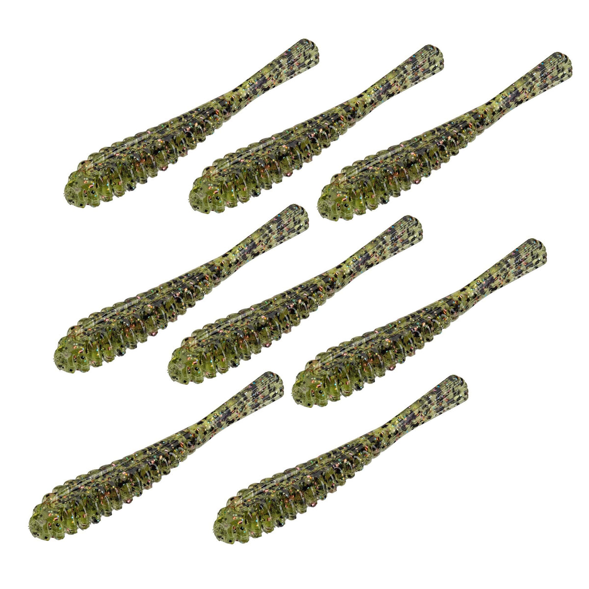 Top view of Pipkens 3.75-inch Drop Shot bait in Stone showing ribbed body, flat bottom, vertical tail on white background