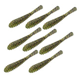 Top view of Pipkens 3.75-inch Drop Shot bait in Stone showing ribbed body, flat bottom, vertical tail on white background