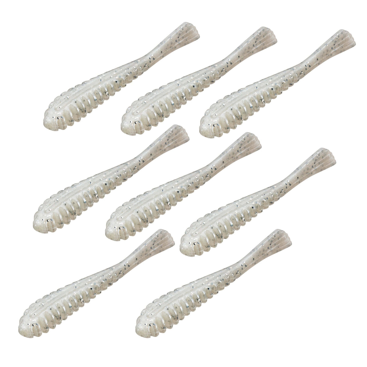 Top view of Pipkens' 3.75 inch Drop Shot bait in White Pearl showing ribbed body and paddle tail on white background