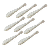 Top view of Pipkens' 3.75 inch Drop Shot bait in White Pearl showing ribbed body and paddle tail on white background