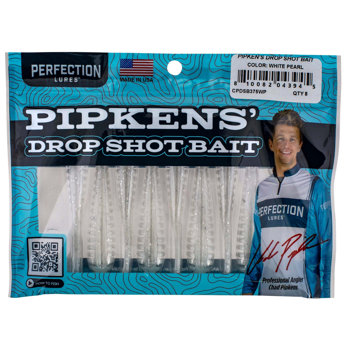 Front view of Pipkens' 3.75 inch Drop Shot bait package showing white pearl soft-plastic baits and Perfection Lures branding