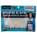 Front view of Pipkens' 3.75 inch Drop Shot bait package showing white pearl soft-plastic baits and Perfection Lures branding