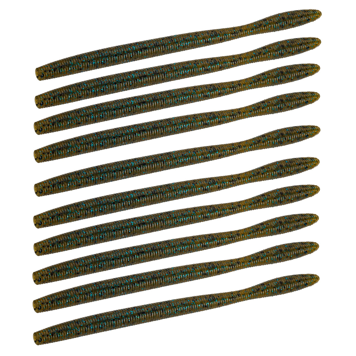 Top-down of Dudley's Finesse Worm soft baits showing ribbed tapered bodies and green pumpkin blue fleck on white