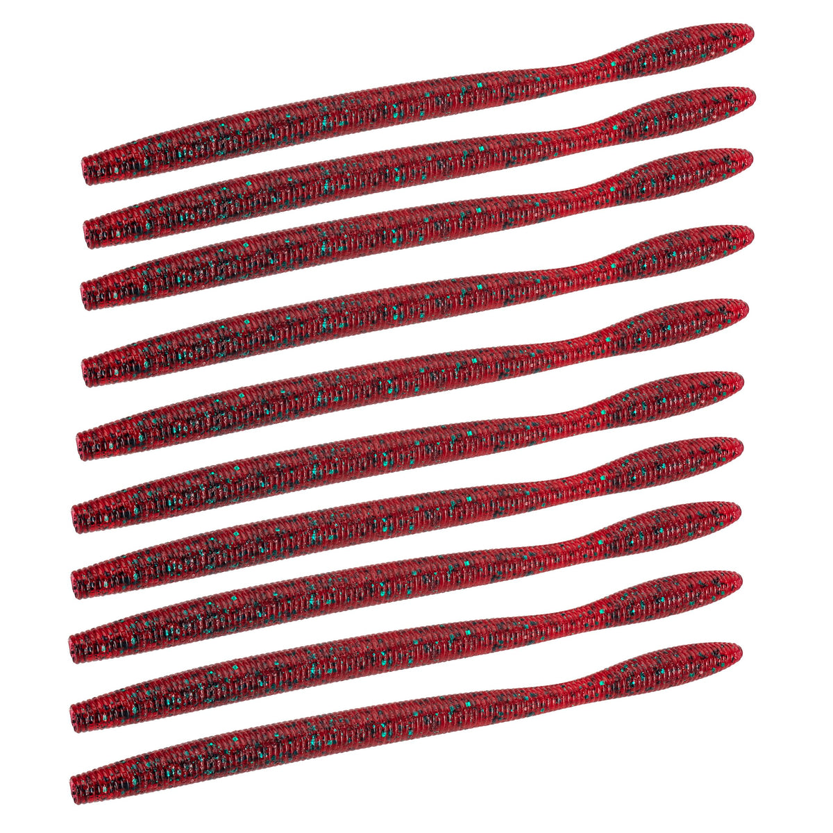Top view of Dudley's Finesse Worm soft baits in Red Bug, ribbed slender worms with green glitter flecks arranged diagonally on white background