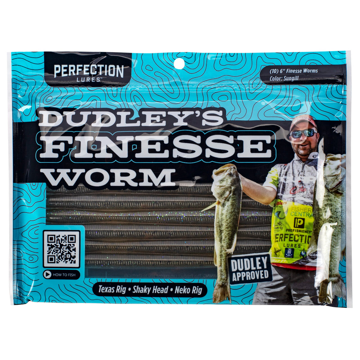Front of Perfection Lures Dudley's Finesse Worm 6-inch pack with green soft-plastic worms visible, blue packaging and angler photo