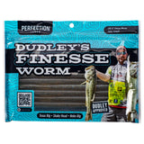Front of Perfection Lures Dudley's Finesse Worm 6-inch pack with green soft-plastic worms visible, blue packaging and angler photo