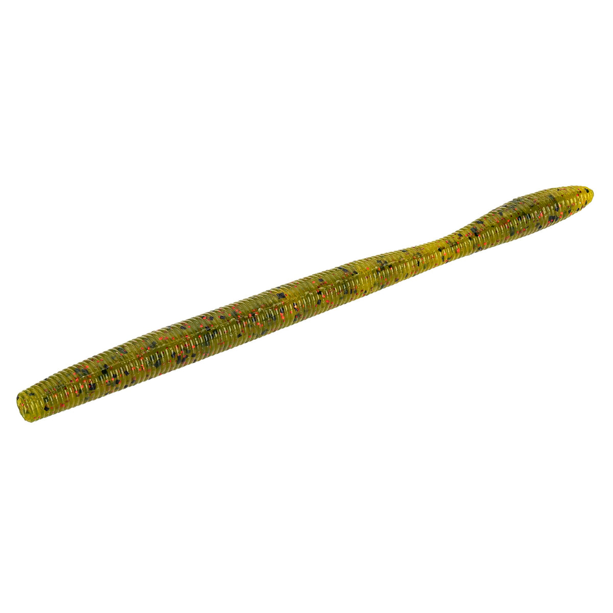 Angled side view of Dudley's Finesse Worm showing ribbed watermelon-red soft plastic with red and black flakes on white