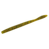 Angled side view of Dudley's Finesse Worm showing ribbed watermelon-red soft plastic with red and black flakes on white