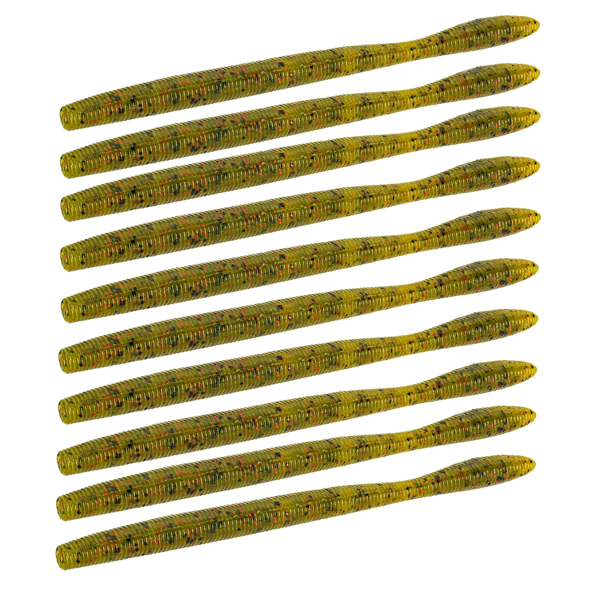 Top view of Dudley's Finesse Worm soft bait in Watermelon Red showcasing ribbed body texture on white background