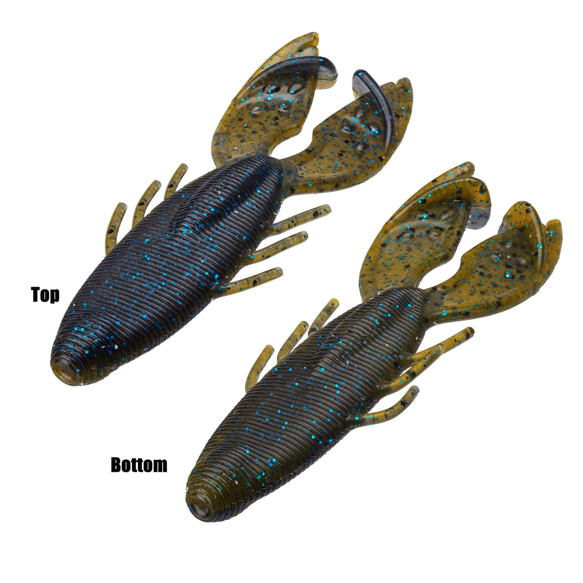 Olive-and-black soft-plastic crawfish fishing lures with blue flecks, top and bottom views; labels read Top, Bottom
