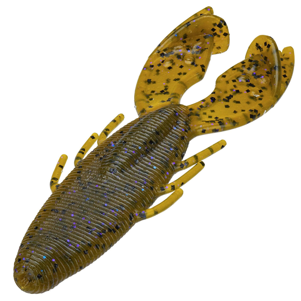Soft plastic crawfish-style flipping bait, green pumpkin with purple and black flakes