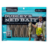Front view of Perfection Lures Dudley's Ned Bait 3.25-inch 10-pack showing green pumpkin soft baits through clear window