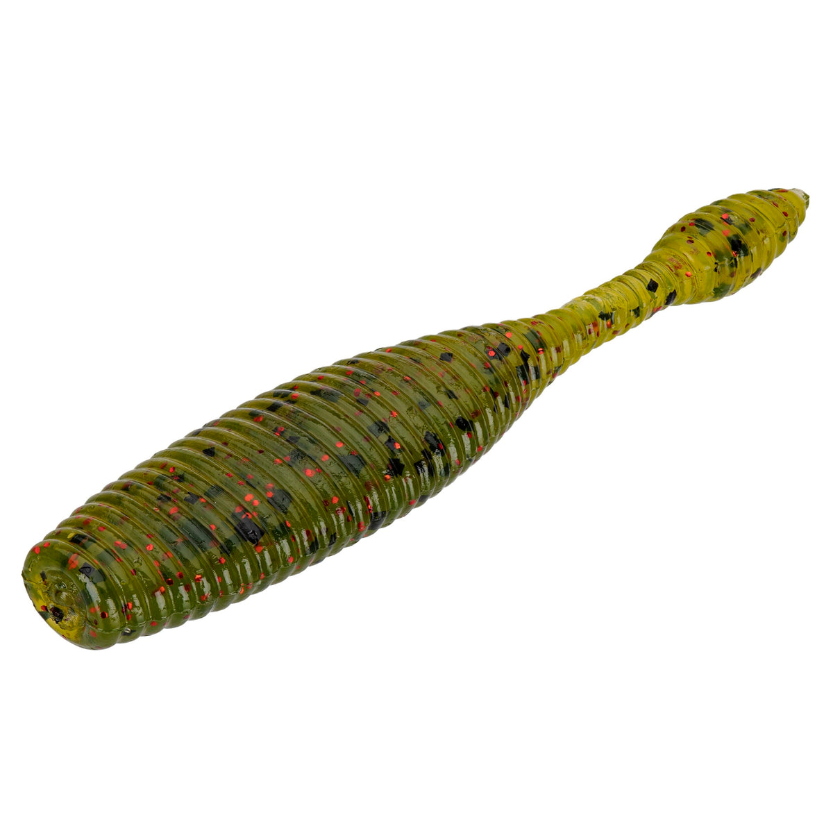 ribbed watermelon-red soft-plastic nedbait lure with black and red flakes