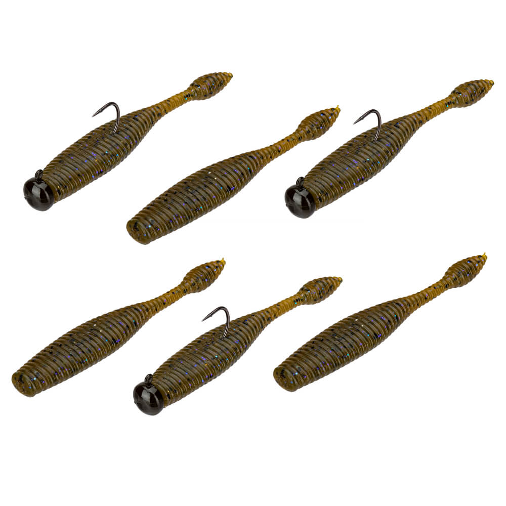Six olive-green ribbed Ned-rig soft-plastic baits, three fitted with black jig heads