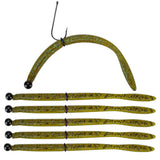 Pre-rigged Neko Sungill soft-plastic worm, green glitter body with black bead weight and hook; five additional rigs shown