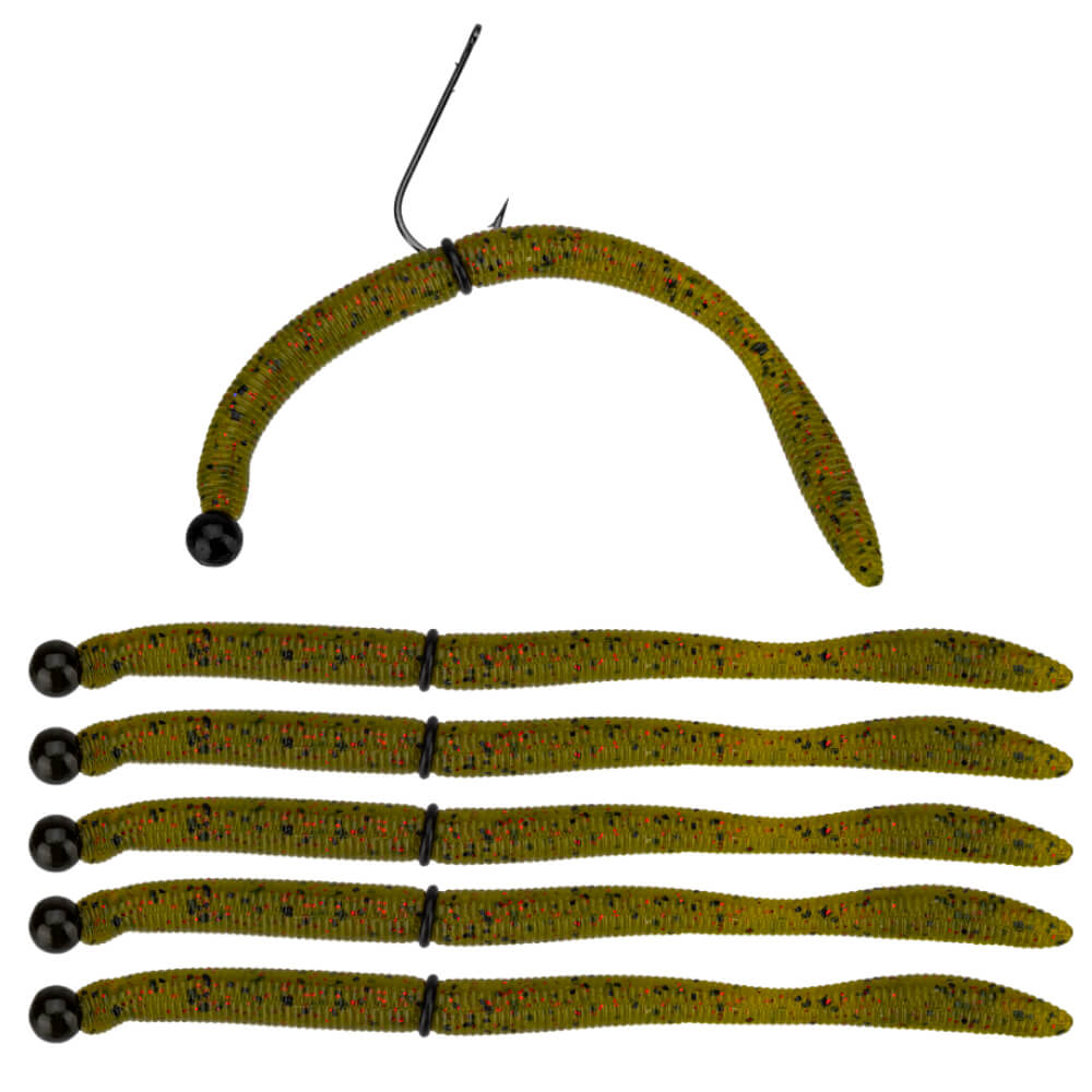 Dudley pre-rigged Neko worms, watermelon red — five soft-plastic baits with black beads and O-rings; one shown hooked