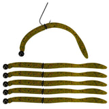 Dudley pre-rigged Neko worms, watermelon red — five soft-plastic baits with black beads and O-rings; one shown hooked