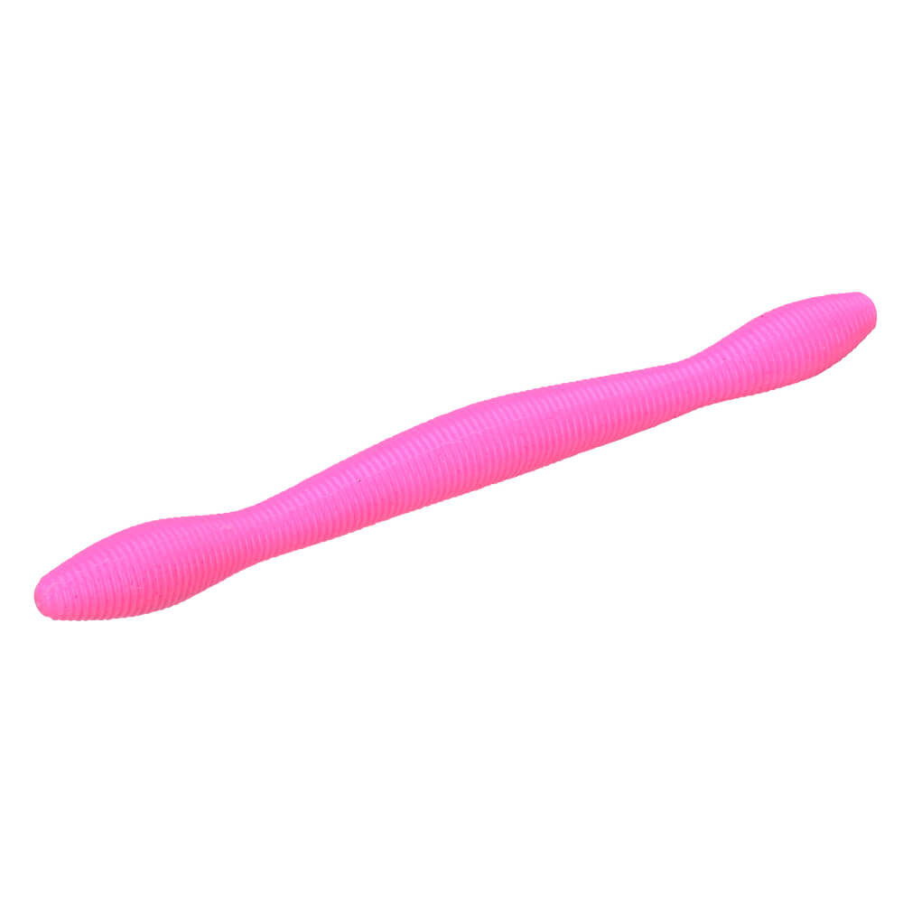 Wacky Worm soft plastic fishing lure in bubblegum pink — slender ribbed stickbait