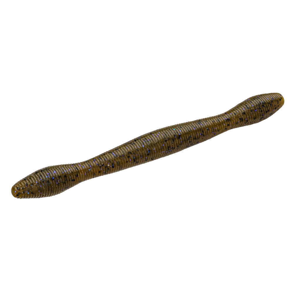 Wackyworm soft-plastic fishing lure, green pumpkin color with violet flakes
