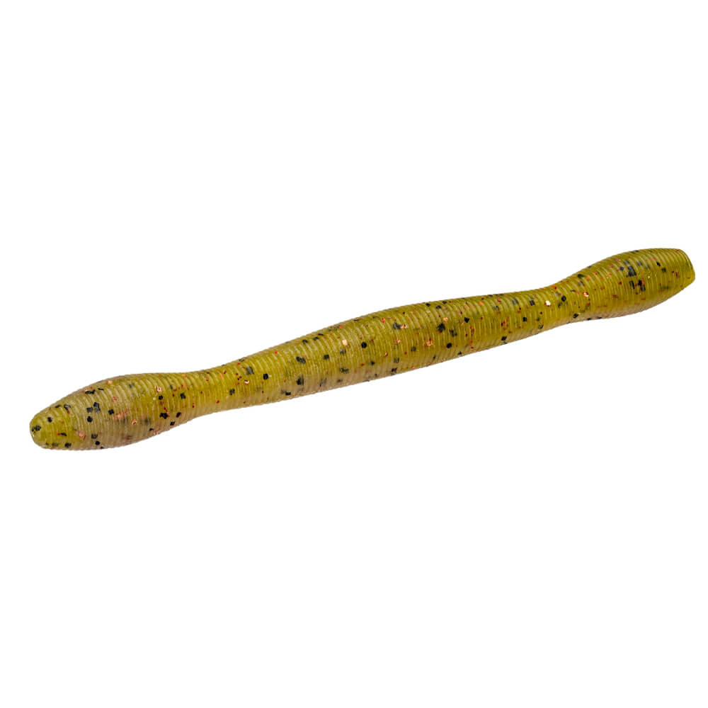 Wackyworm Houdini soft-plastic fishing worm, olive-green with black and red glitter flakes