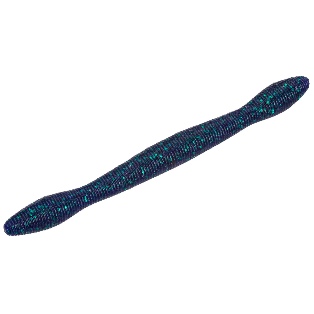 Wacky Worm Junebug soft plastic fishing lure, dark purple with teal-green flakes