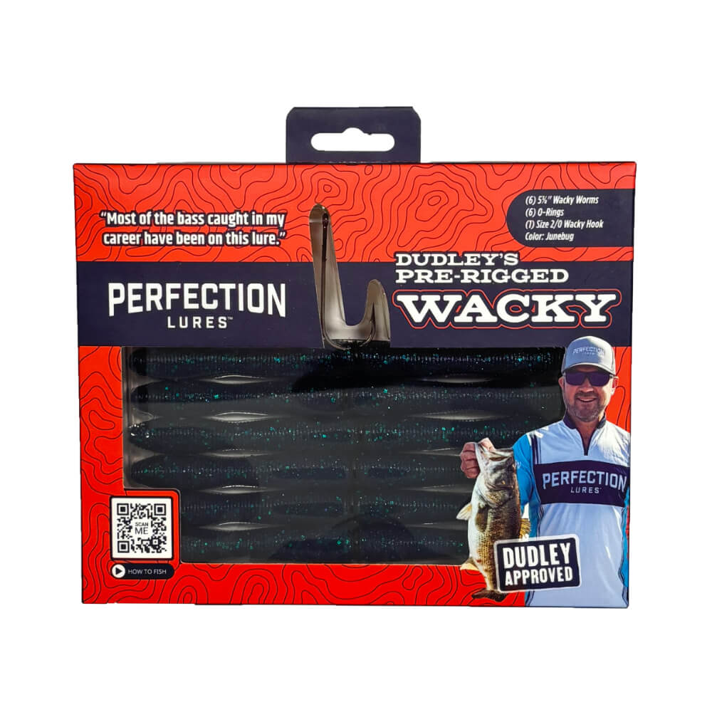 Perfection Lures Dudley's Pre-Rigged Wacky worms package (junebug); angler Dudley holding bass with 'Dudley Approved' label