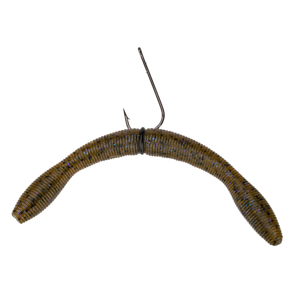 Prerigged green pumpkin soft-plastic worm with violet flakes mounted on an offset worm hook secured by a black O-ring