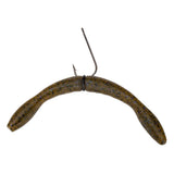 Prerigged green pumpkin soft-plastic worm with violet flakes mounted on an offset worm hook secured by a black O-ring