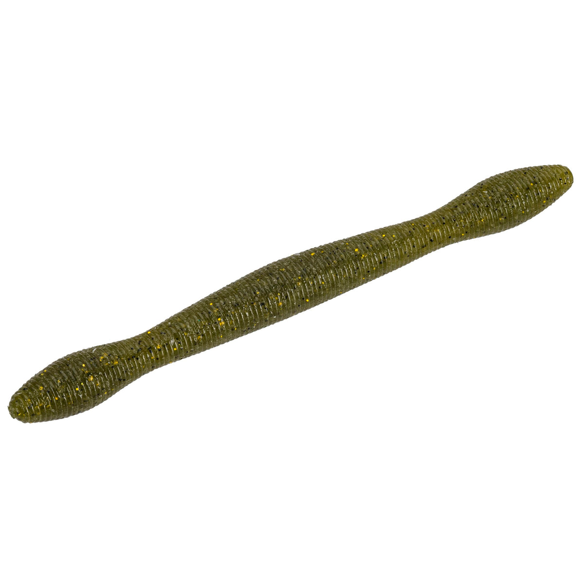 Wackyworm soft-plastic worm lure, olive-green with gold flakes, ribbed body and tapered ends.