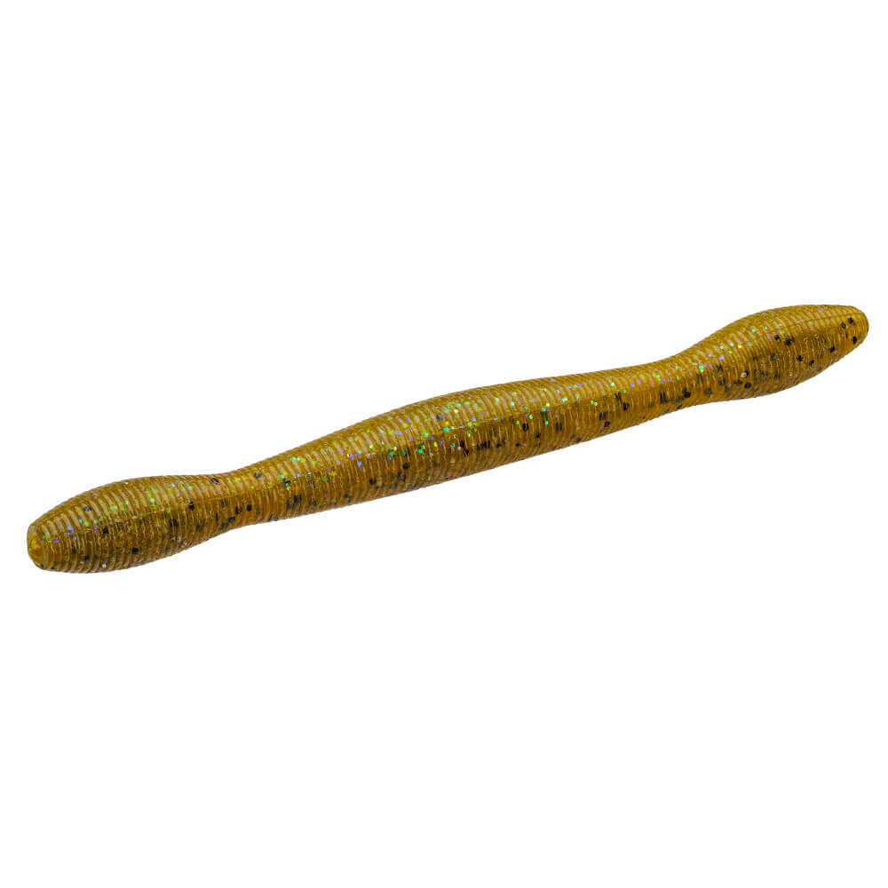 Wackyworm soft-plastic fishing lure, Sungill color, ribbed stickbait