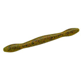 Side view of Dudley's Wacky Worm, 5-3/8-inch ribbed Watermelon Red lure on white background
