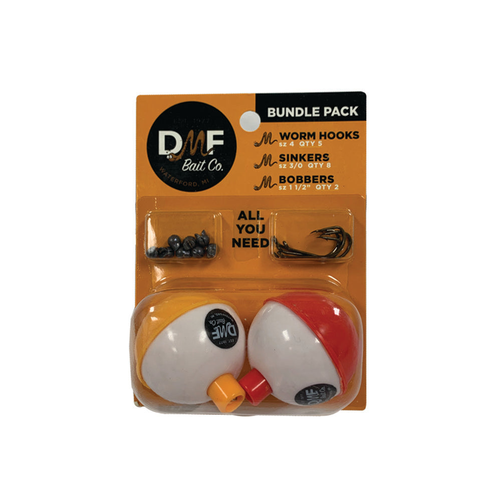 DMF Bait Co. WATERFORD, MI - BUNDLE PACK: WORM HOOKS SZ 4 QTY 5; SINKERS SZ 3/0 QTY 8; BOBBERS SZ 1 1/2" QTY 2; ALL YOU NEED