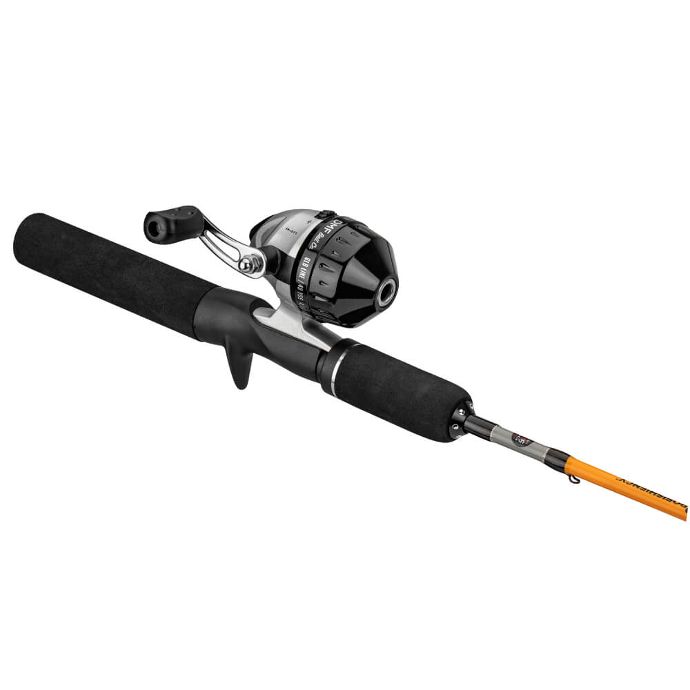 Profishiency dock-combo short casting rod with closed-face reel, black foam handles and orange rod tip