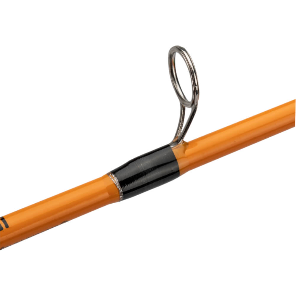 Orange fishing rod section with stainless-steel guide and black thread wrapping