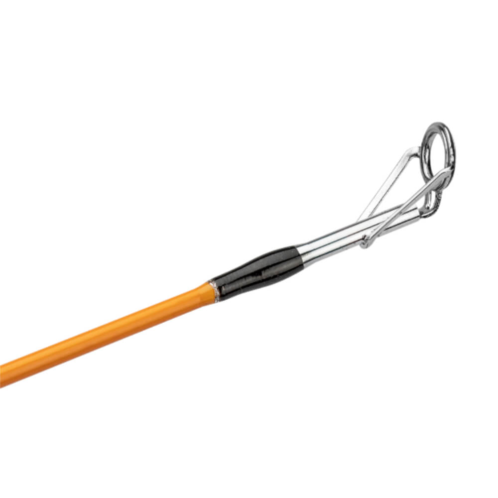 Orange fishing rod tip with stainless-steel top guide and black ferrule wrap