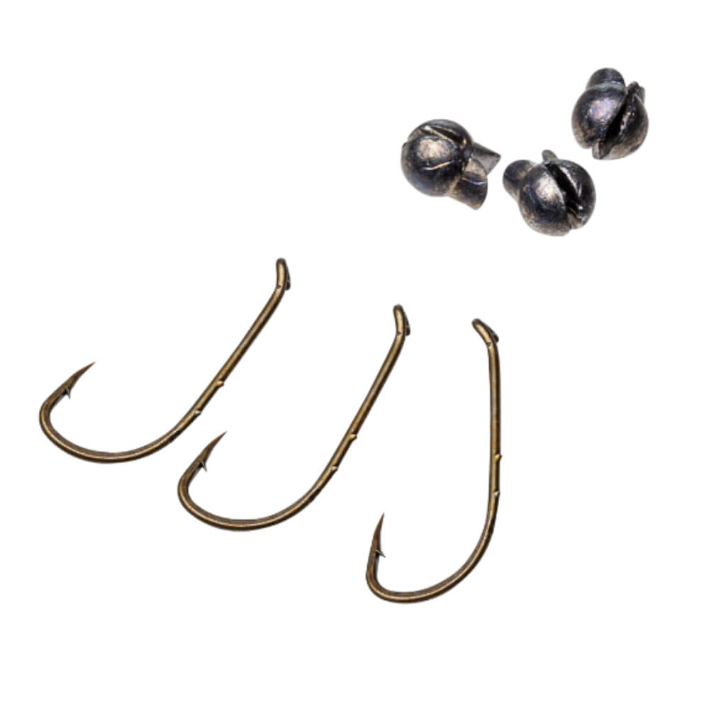 Three bronze fishing hooks and three round split-shot sinkers on white background.