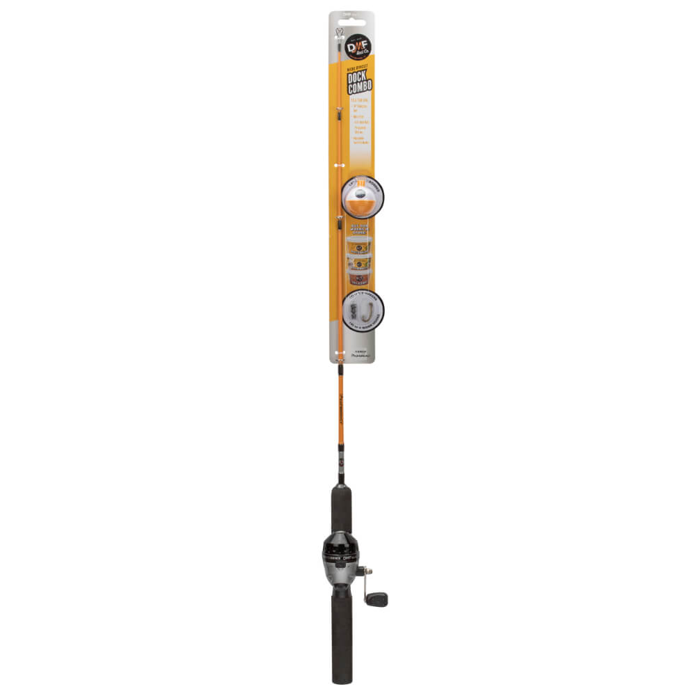 Dock Combo pre-rigged kids spincast rod and reel in orange retail packaging