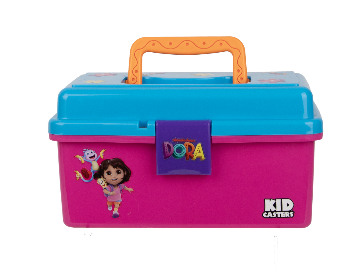 Front view of Dora Play Box showcasing colorful Dora characters, orange handle, purple locking latch, and removable tray on a white background