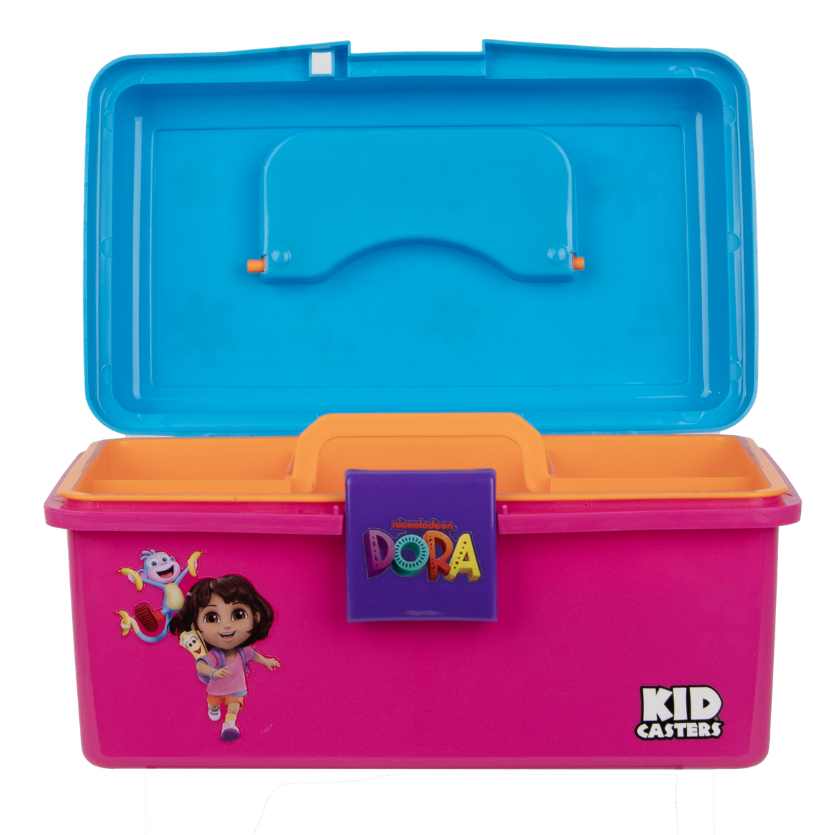 Pink toy play box with open blue lid, Dora character sticker, latch labeled nickelodeon DORA, and KID CASTERS logo.