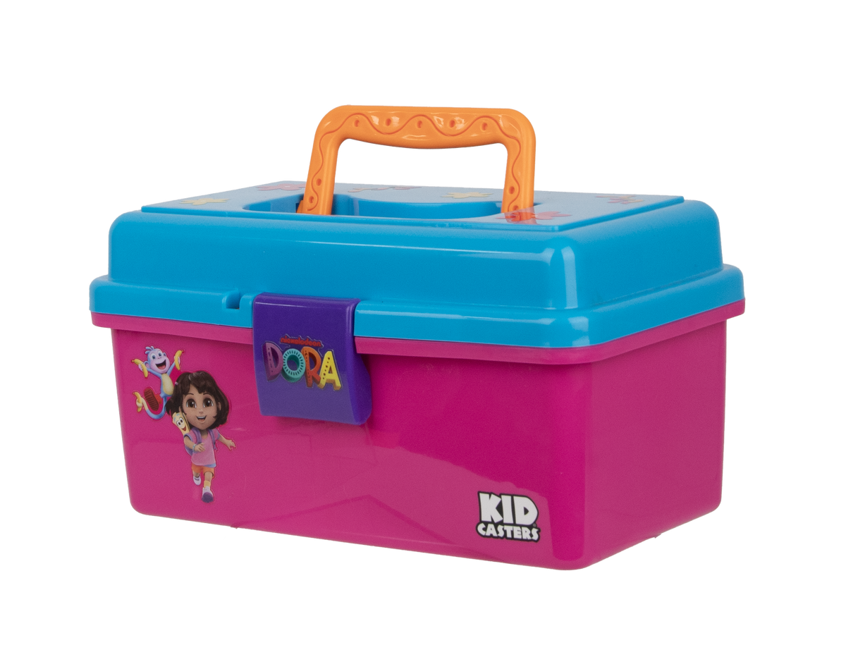Quarter view of Dora Play Box with orange handle, blue lid, purple latch, removable tray and Dora graphics