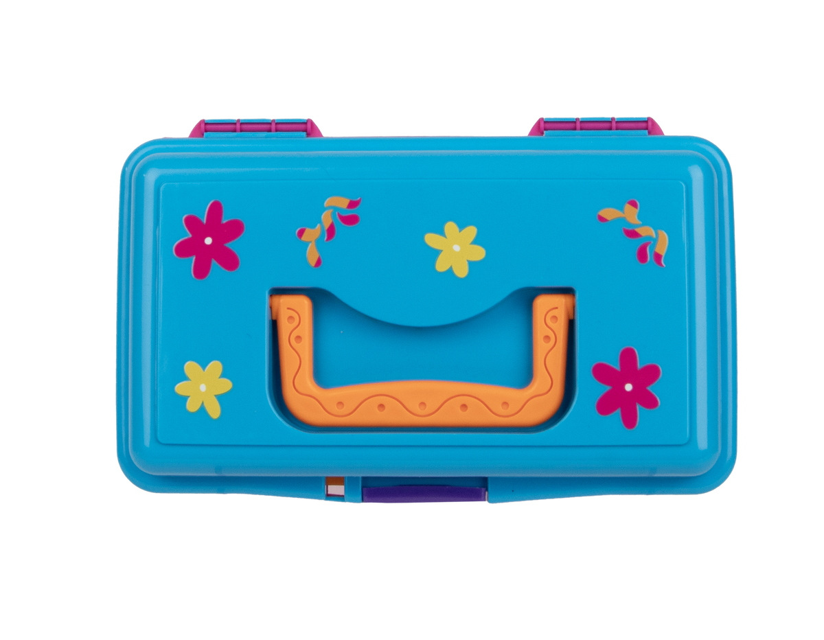 Top view of Dora Play Box with blue case, recessed orange handle, pink and yellow flower graphics, and purple latch
