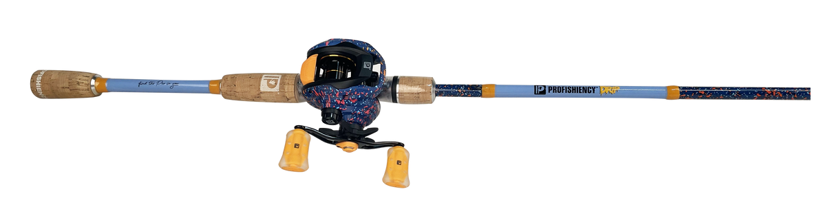 Side view of Profishiency DRIP 7' MH baitcast combo with blue speckled blank, cork handle, and reel on white background