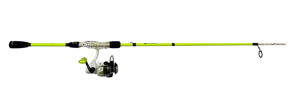 Lime-green youth spinning rod and reel — compact Kid Casters-style setup for young anglers.