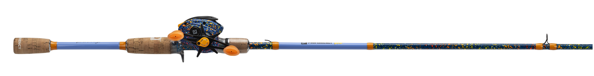 Side view of Profishiency DRIP 7' MH/Fast baitcast combo with blue graphite rod, cork handle, and matching reel on white