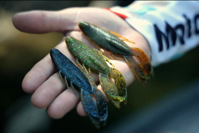 Hand holding three soft-plastic crayfish fishing lures: blue, green, and brown with glitter flecks.